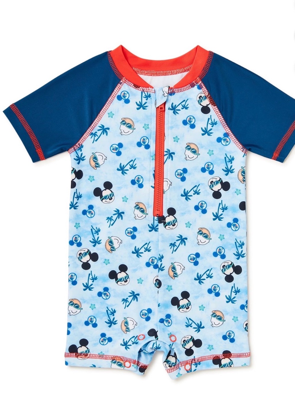 Disney Blue and Red Short-Sleeve One-Piece Swim Romper